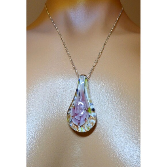Murano Hand Blown Pink Floral Glass Pendant Copper Yellow Blue - Picture 5 of 9